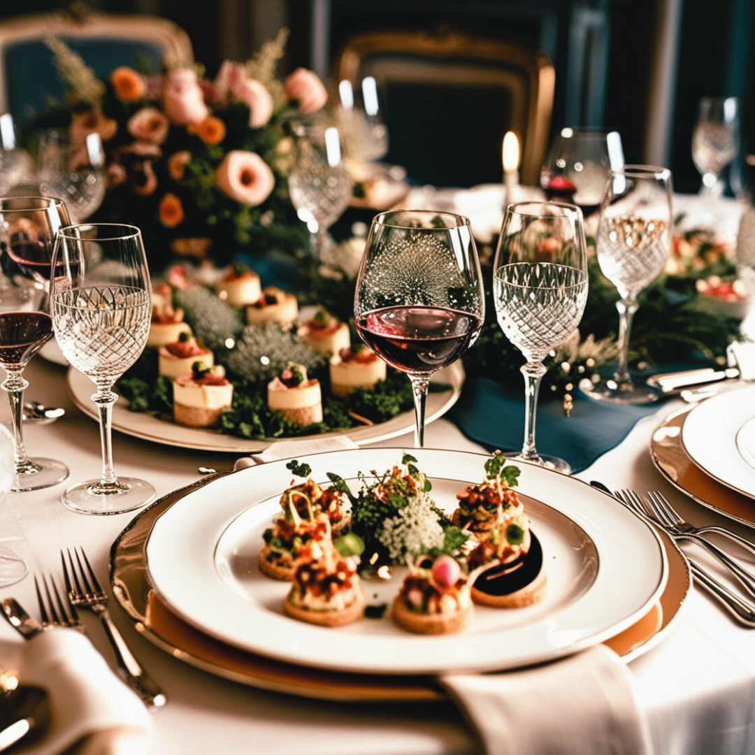 Elegant Wedding Event Table with Hors-d'œuvres and Wine