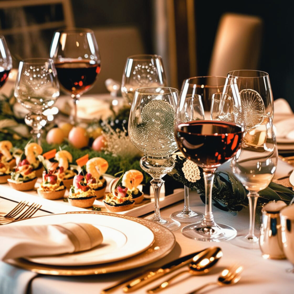 Elegant Wedding Event Table with Hors-d'œuvres and Wine