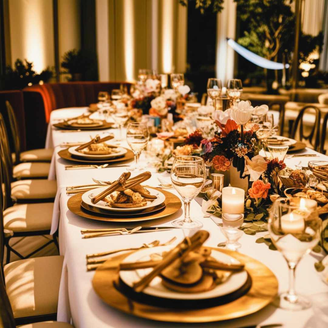 Elegant Wedding Event Table with Place Setting and Floral Centerpieces