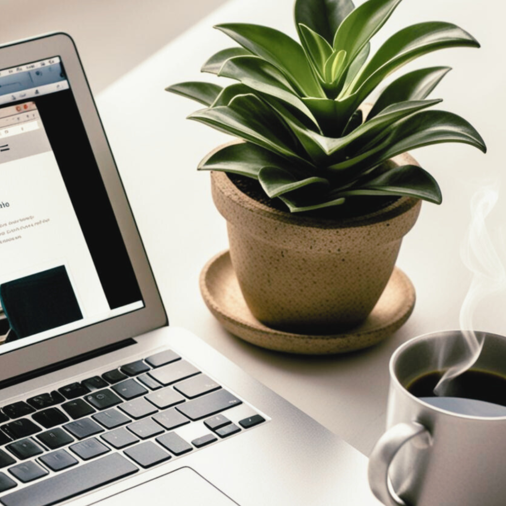 Digital Marketing Laptop, Plant, Desk, Cup of Coffee